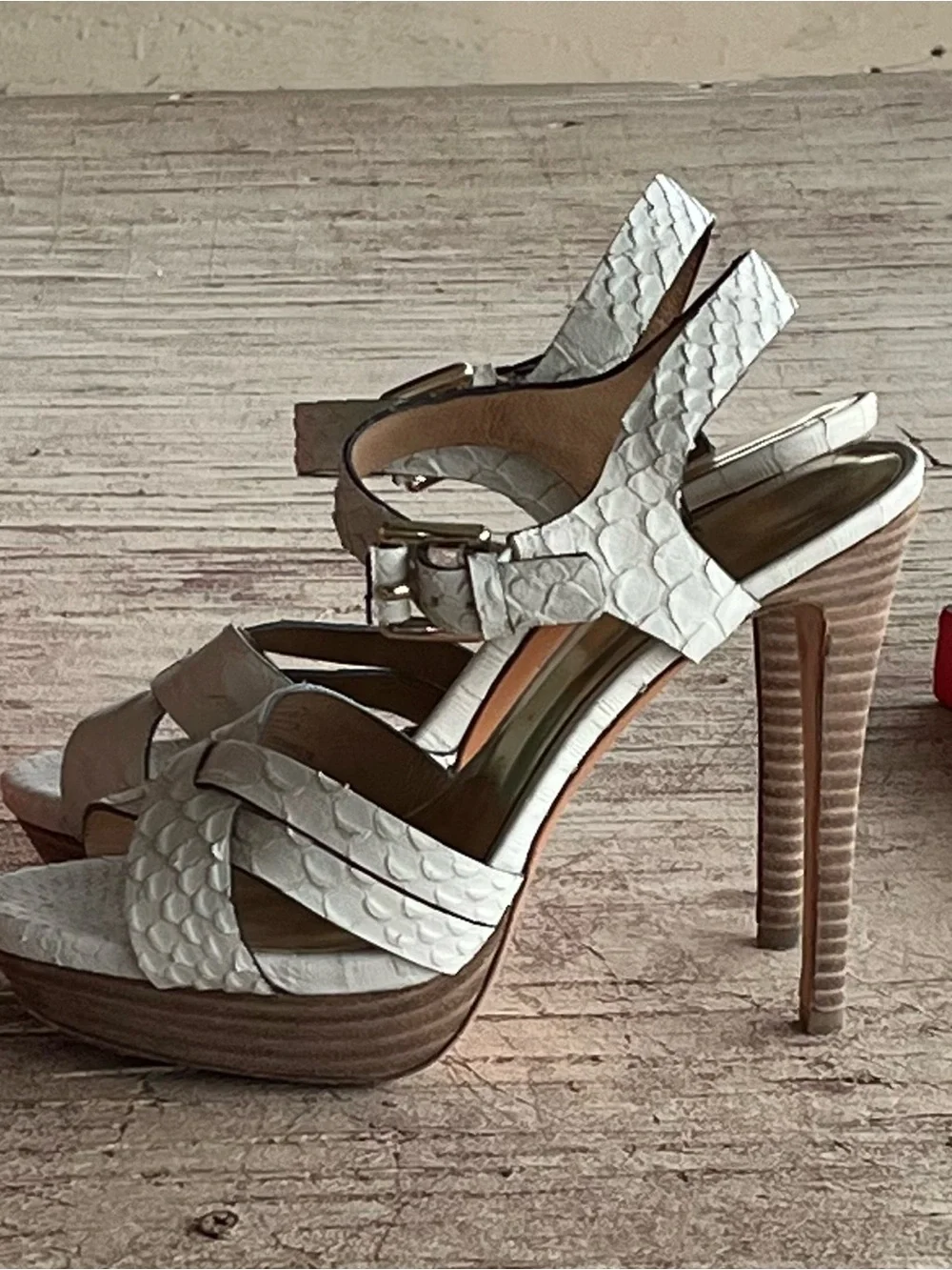 Coach White Textured Platform Slingback Sandals Heels